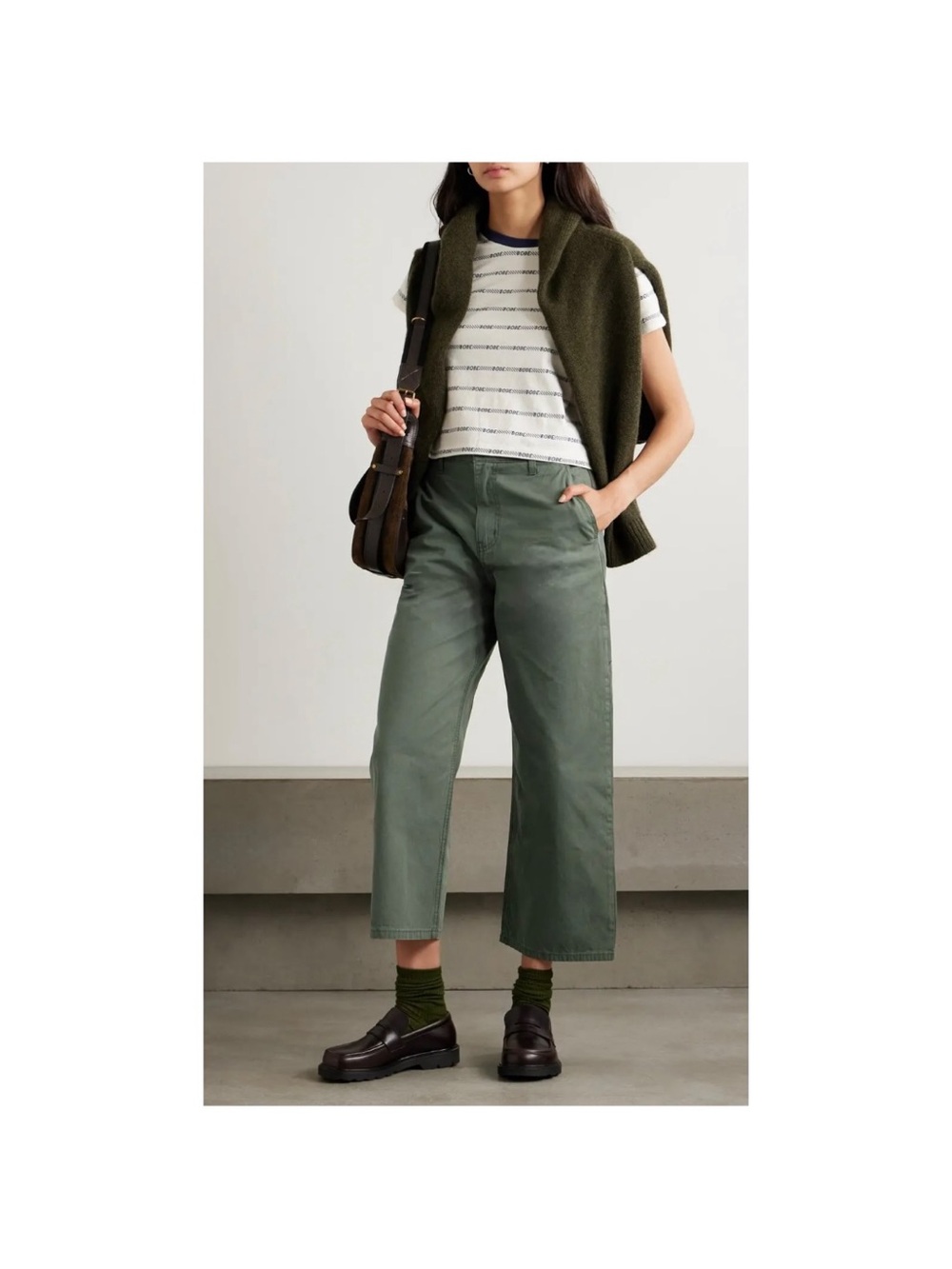 THE ELDER STATESMAN Cropped Wide-Leg Cotton-Twill Olive Pants